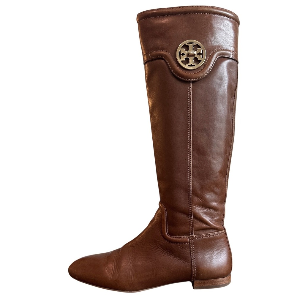 Tory Burch Turnlock Cognac Leather Riding Boots Gold Logo 7.5 Brazil